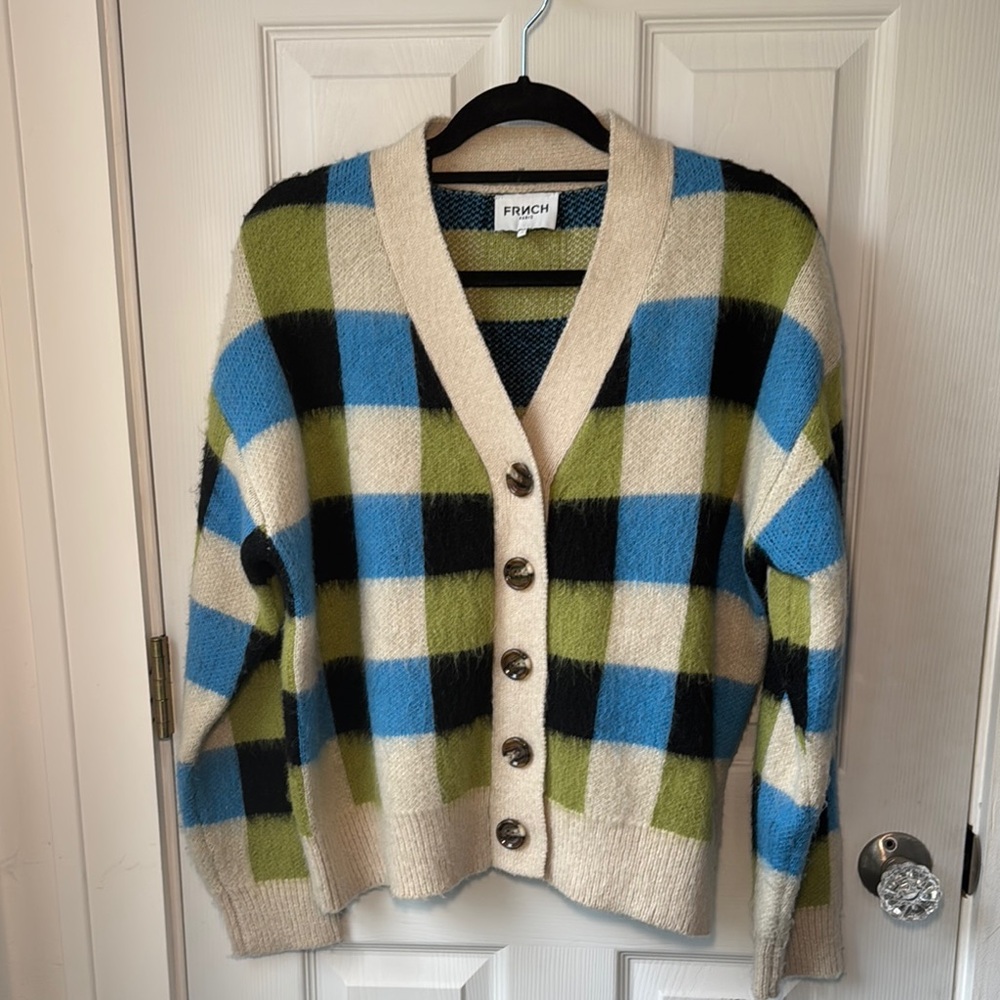 FRNCH Blue and Green Geometric Cardigan Sweater